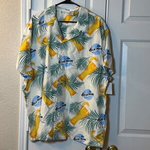 Blue Moon Men's 2XL Tropical Beer Graphic Print Button Up Short Sleeve Shirt NEW